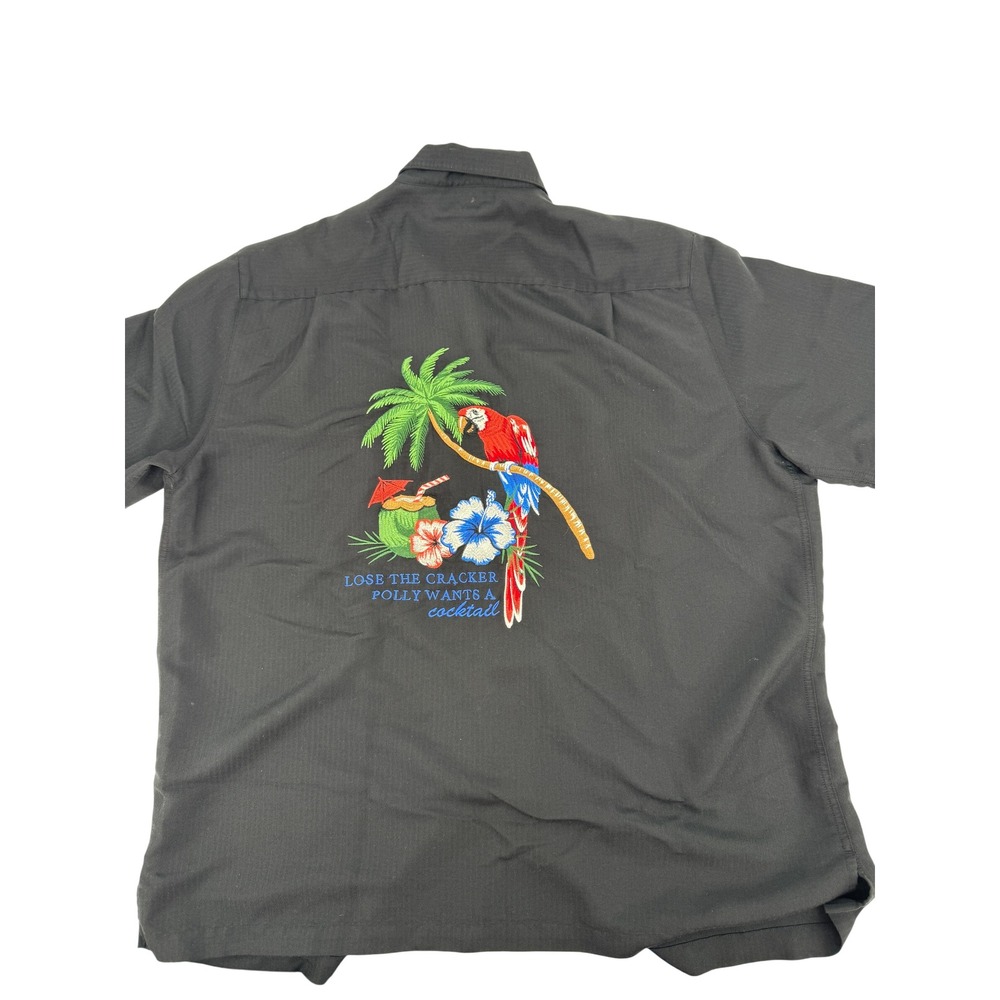 Caribbean Embroidered Shirt Men XL Black Parrot Cocktail Tropical Travel club